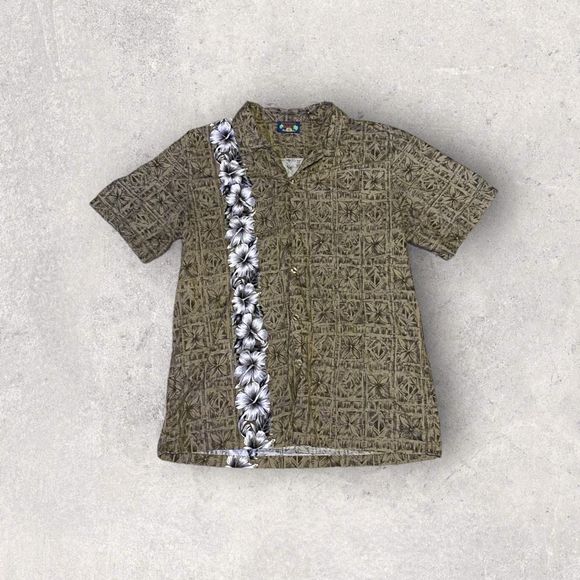 Hawaii Blues Green Floral Hawaiian T-Shirt with White Flower Stripe Men’s Large - Picture 1 of 3